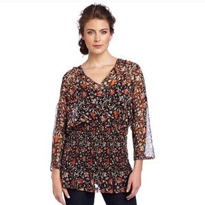 Joie Black Floral Ruched Silk Blouse Val